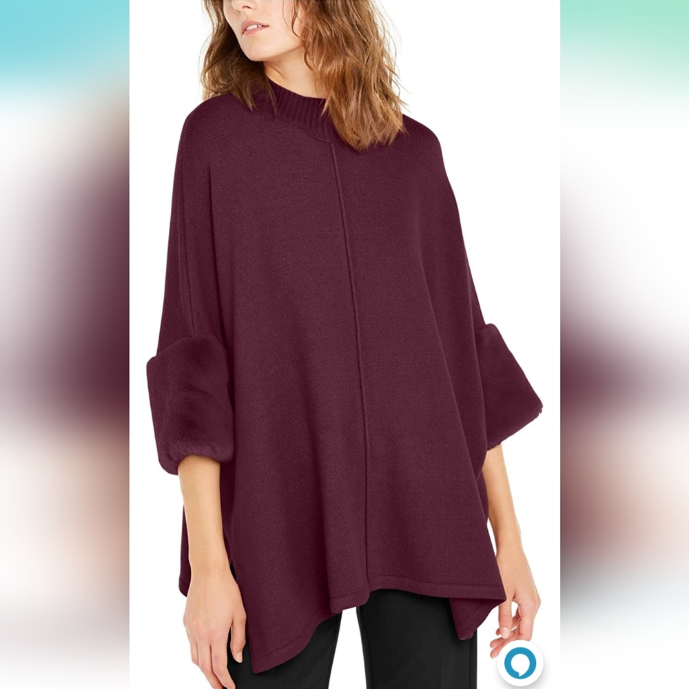 Alfani Women's Faux-Fur-Cuff Poncho Red